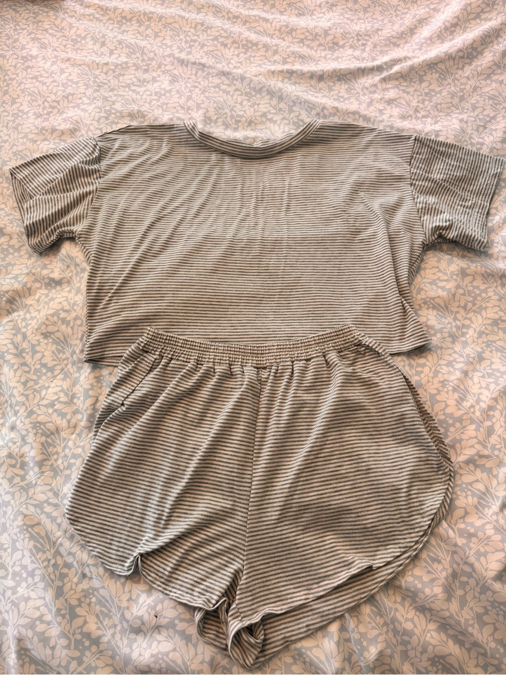 Women’s Gray Striped Short Sleeve Tee & Shorts Sleep Set